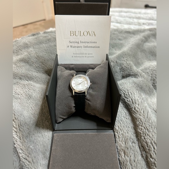 Bulova Women's Watch 96T58 Silver Round Dial With Black Leather Band - Picture 3 of 9